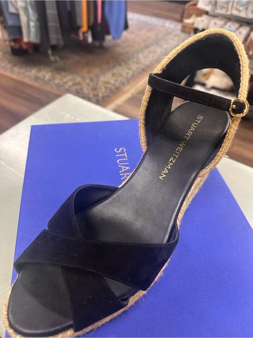 Stuart Weitzman Dayna Suede Espadrille Wedges black leather and jute size 10.5